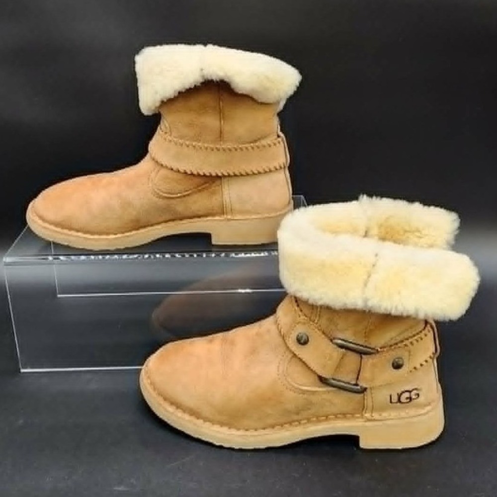 UGG Chestnut Suede Buckle Ankle Boots Womens 7 Shearling Lined‎ Winter Boho Cozy
